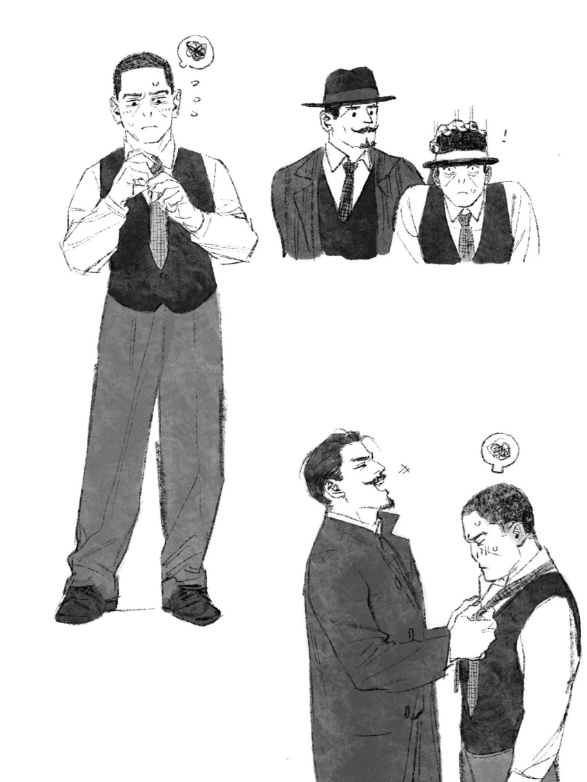 2boys adjusting_clothes adjusting_necktie baggy_pants black_eyes chengongzi123 closed_mouth coat collared_coat collared_shirt flying_sweatdrops full_body golden_kamuy greyscale hand_on_another's_head hands_up hat highres long_sleeves looking_at_viewer male_focus monochrome multiple_boys necktie pants scribble shirt shoes simple_background standing tsukishima_hajime tsurumi_tokushirou tying_necktie vest white_background