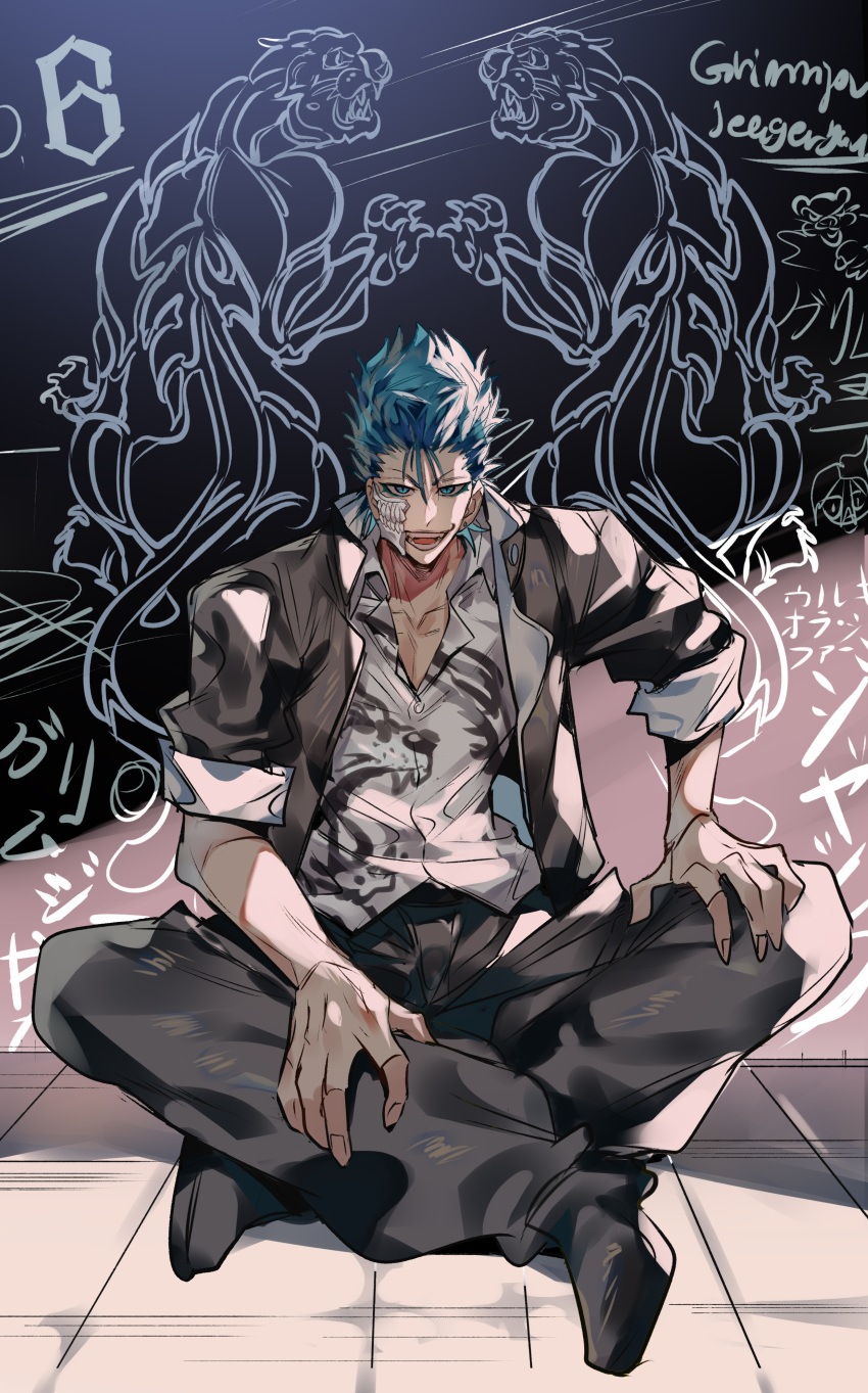 1boy absurdres black_jacket black_pants bleach blue_eyes blue_hair crossed_ankles grimmjow_jaegerjaquez highres jacket male_focus open_mouth outdoors pants shirt short_hair short_sleeves sitting solo spiky_hair white_shirt xi_luo_an_ya