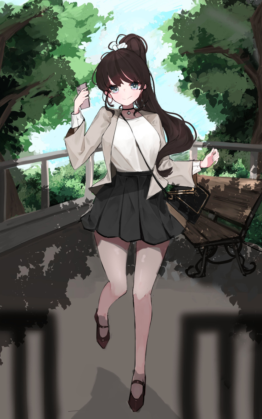 1girl absurdres aqua_eyes artist_request bag bare_legs bench between_breasts black_bag black_choker black_skirt blazer breasts brown_hair carrying_bag cellphone cheon_soyeong_(cheonbi) choker closed_mouth commentary_request commission cross_pendant day floating_hair full_body grey_jacket hair_ornament hair_scrunchie hand_up head_tilt high_ponytail highres holding holding_phone jacket korean_commentary layered_sleeves light_blush long_hair long_sleeves looking_at_viewer mary_janes miniskirt open_clothes open_jacket original outdoors pendant_choker phone pleated_skirt ponytail red_footwear running scrunchie second-party_source shade shirt shirt_tucked_in shoes shoulder_bag skirt smartphone smile solo split_mouth standing standing_on_one_leg straight-on strap_between_breasts tree very_long_hair w_arms walking white_scrunchie white_shirt