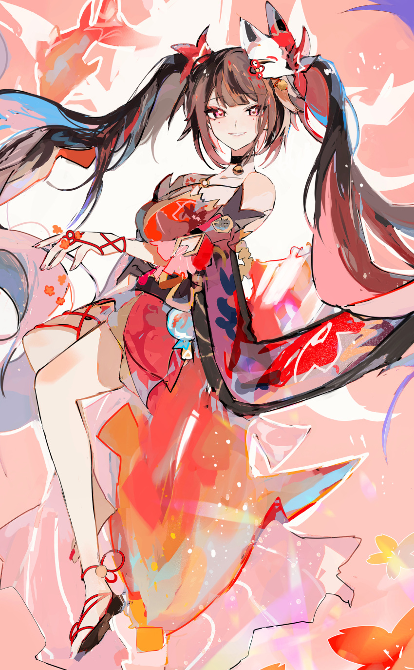 1girl :d bare_legs bare_shoulders bell black_choker blush bow brown_hair choker collarbone criss-cross_halter detached_sleeves dress floating_hair fox_mask from_side full_body grin hair_bow halterneck highres honkai:_star_rail honkai_(series) legs_together long_hair looking_at_viewer loomyoi2 mask mask_on_head nail_polish neck_bell o-ring okobo open_mouth pink_eyes red_bow red_dress red_nails red_sleeves sandals short_dress short_sleeves sleeveless sleeveless_dress smile solo sparkle_(honkai:_star_rail) teeth toenail_polish toenails twintails