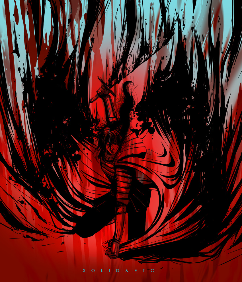1boy alucard_(hellsing) armor artist_name cape facial_hair full_body goatee hellsing highres holding holding_sword holding_weapon limited_palette male_focus red_theme serious solo sword toshimichi_yukari vlad_tepes_(hellsing) weapon