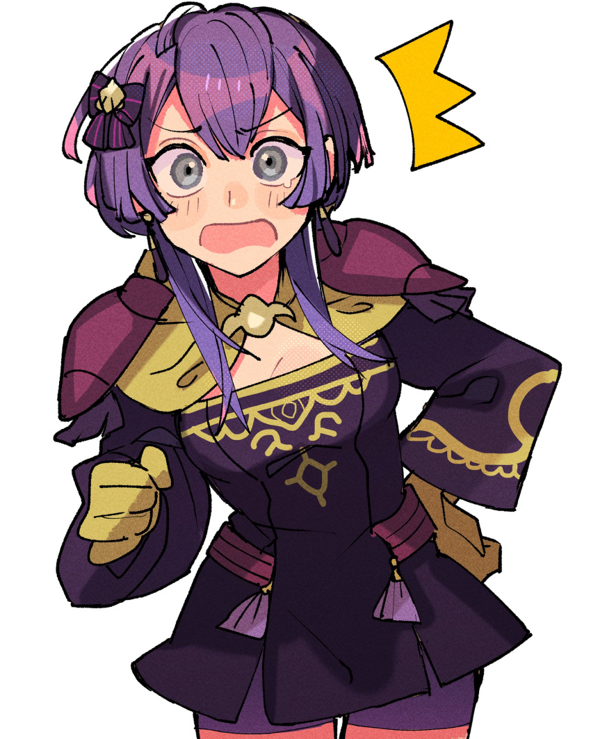 1girl absurdres armor bernadetta_von_varley blush commentary_request dress fire_emblem fire_emblem:_three_houses gloves grey_eyes hair_between_eyes hair_ribbon hand_on_own_hip highres kurimori long_sleeves looking_at_viewer open_mouth pauldrons purple_dress purple_hair purple_shorts ribbon short_hair short_hair_with_long_locks shorts shoulder_armor sidelocks simple_background solo white_background yellow_gloves