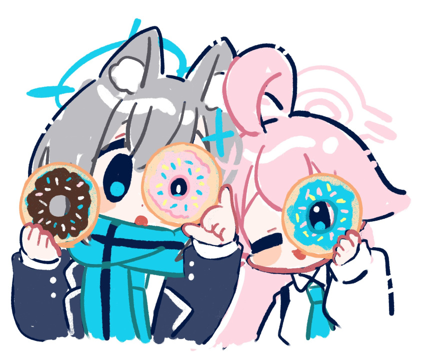 2girls ahoge animal_ear_fluff animal_ears blue_archive blue_eyes blue_necktie blue_scarf blush collared_shirt commentary_request cropped_torso cross cross_hair_ornament doughnut food grey_hair hair_between_eyes hair_ornament halo highres holding holding_food hoshino_(blue_archive) inverted_cross kokumosu long_hair looking_at_viewer mismatched_pupils multiple_girls necktie one_eye_closed open_mouth pink_hair pink_halo scarf shiroko_(blue_archive) shirt simple_background smile white_background white_shirt wolf_ears