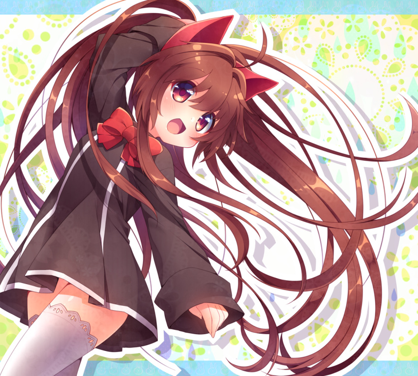 1girl aloe_(quiz_magic_academy) arm_behind_head black_dress black_sleeves bow bowtie brown_eyes brown_hair commentary_request cowboy_shot dress floral_background lace-trimmed_thighhighs letterboxed light_blush long_hair long_sleeves looking_at_viewer open_mouth outline outside_border partial_commentary pleated_skirt ponytail quiz_magic_academy red_bow red_bowtie school_uniform short_dress sidelocks simple_background skirt sleeves_past_wrists smile solo thigh-highs usamata very_long_hair white_background white_outline white_thighhighs zettai_ryouiki