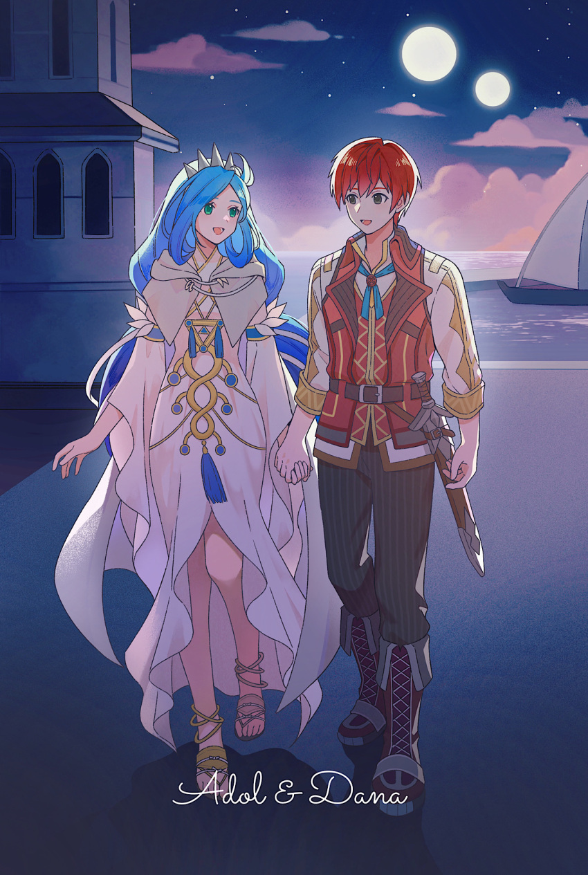 1boy 1girl adol_christin belt belt_buckle black_eyes black_pants blue_hair boots brown_belt buckle cape character_name clouds commentary dana_(ys) dress english_commentary green_eyes hair_ornament highres holding_hands long_hair long_sleeves looking_at_another moon night night_sky ocean outdoors pants red_footwear redhead rutiwa sandals sheath sheathed short_hair sky sword toes very_long_hair weapon white_cape white_dress ys ys_viii_lacrimosa_of_dana