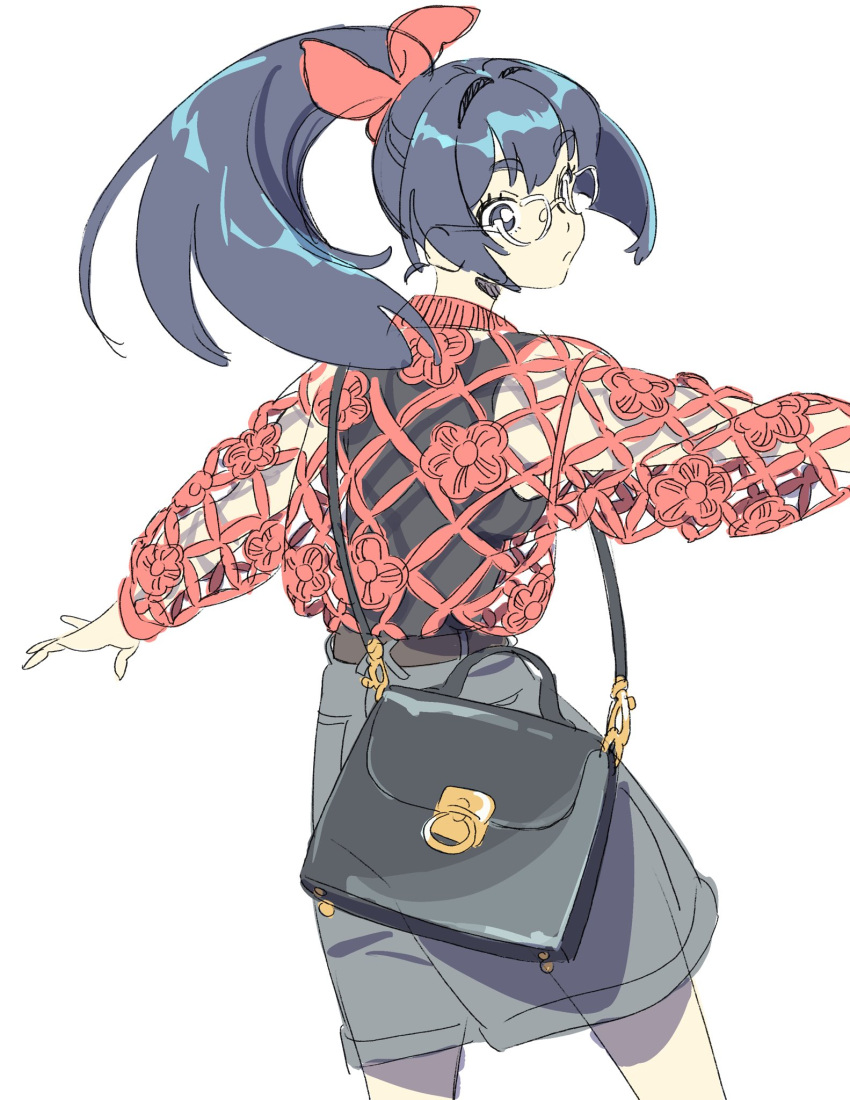 1girl bag bare_legs black_bag blue_hair bow cowboy_shot from_behind glasses grey_shorts hair_bow handbag highres kariya_(kry_aia) long_hair long_sleeves looking_at_viewer looking_back original outstretched_arms ponytail red_bow round_eyewear see-through shirt shorts shoulder_bag simple_background solo standing white_background