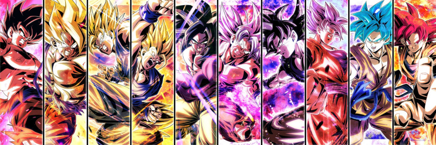 1boy abs angry aura bare_shoulders biceps black_eyes black_hair blonde_hair blue_eyes blue_hair blue_shirt blue_wristband body_fur border charging_forward clenched_hand clenched_hands clenched_teeth collarbone commentary_request cowboy_shot dougi dragon_ball dragon_ball_gt dragon_ball_super dragon_ball_z dragon_ball_z_fukkatsu_no_f dragon_ball_z_kami_to_kami electricity energy energy_ball feet_out_of_frame fighting_stance green_eyes grey_eyes halo highres incoming_attack incoming_punch injury kaiouken kamehameha_(dragon_ball) kicking long_hair looking_at_viewer male_focus medium_hair monkey_boy monkey_tail multiple_views muscular muscular_male no_eyebrows orange_pants orange_shirt outside_border pants pectorals pink_fur powering_up punching red_eyes redhead roundhouse_kick saiyan scratches sekitsuki_hayato serious shirt son_goku spiky spiky_hair super_saiyan super_saiyan_1 super_saiyan_2 super_saiyan_3 super_saiyan_4 super_saiyan_blue super_saiyan_god tail teeth topless topless_male torn_clothes torn_pants torn_shirt transparent_border ultra_instinct upper_body v-shaped_eyebrows white_hair wristband yellow_eyes yellow_pants