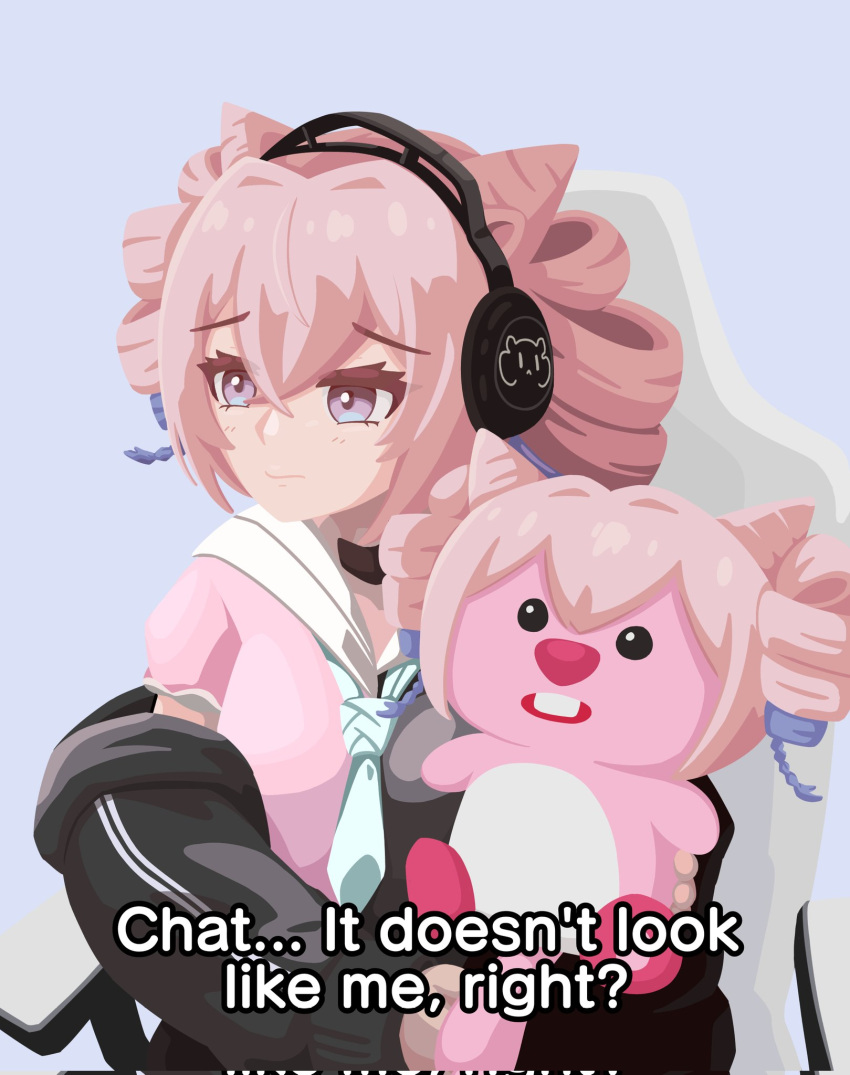 1girl animal_ears arknights black_jacket chair closed_mouth drill_hair english_text gaming_chair gribberoni headphones highres jacket lilypichu long_hair long_sleeves mouse_ears parody pink_hair pink_shirt purple_hair shirt simple_background solo stuffed_toy swivel_chair twin_drills u-official_(arknights) upper_body violet_eyes voice_actor_connection wig