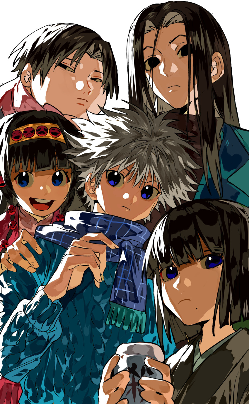 1girl 4boys absurdres alluka_zoldyck black_eyes black_hair blue_eyes blue_scarf blue_sweater blunt_bangs bob_cut closed_mouth frown hairband hand_on_another's_shoulder hand_up highres holding hunter_x_hunter illumi_zoldyck kalluto_zoldyck killua_zoldyck long_hair milluki_zoldyck mole mole_under_mouth multiple_boys open_mouth scarf simple_background spiky_hair sweater teeth upper_teeth_only white_background white_hair xi_luo_an_ya
