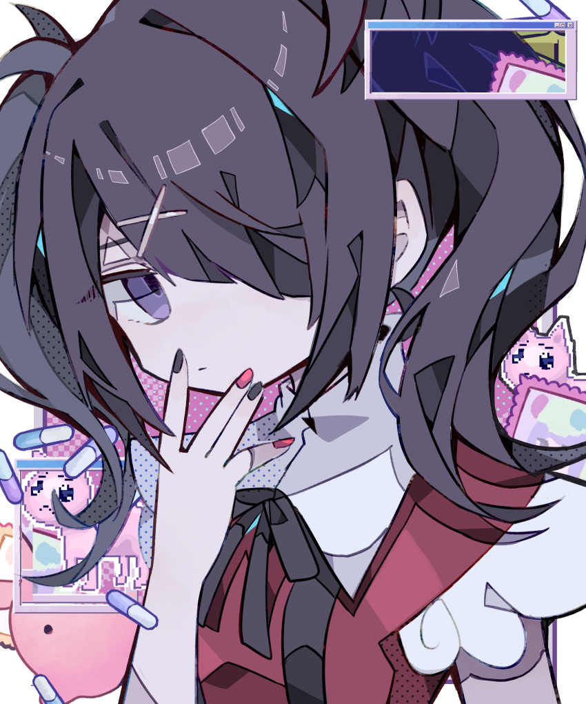 1girl absurdres ame-chan_(needy_girl_overdose) black_hair black_nails black_ribbon cat closed_mouth commentary diagonal_bangs glitch hair_ornament hair_over_one_eye hand_to_own_mouth hand_up highres looking_at_viewer lsd medium_hair multicolored_nails nail_polish neck_ribbon needy_girl_overdose pien_cat_(needy_girl_overdose) pill pink_nails red_vest ribbon solo soresaki twintails upper_body vest violet_eyes wide_sleeves window_(computing) x_hair_ornament