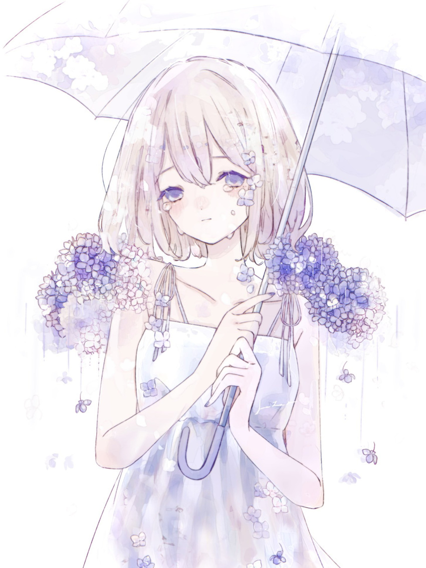 1girl bare_arms bare_shoulders blue_eyes blue_flower closed_mouth collarbone crying crying_with_eyes_open dress flower hair_flower hair_ornament highres holding holding_umbrella hydrangea kotono_n0 looking_at_viewer original purple_flower rain short_hair simple_background sleeveless sleeveless_dress solo sundress tears transparent transparent_umbrella umbrella upper_body violet_eyes white_background white_dress white_umbrella