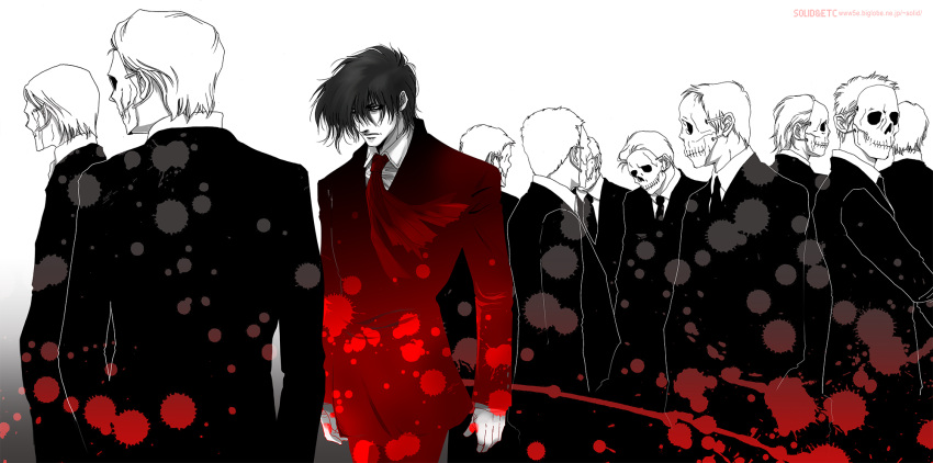 6+boys alucard_(hellsing) artist_name ascot commentary_request frown greyscale hellsing highres male_focus mask monochrome multiple_boys necktie spot_color suit toshimichi_yukari web_address