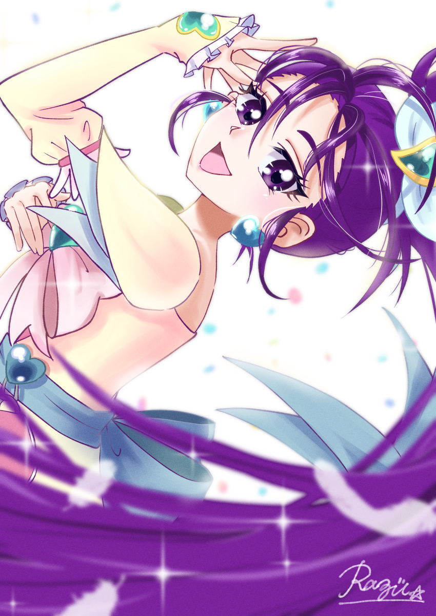 1girl absurdres artist_name back_bow blue_bow blurry blurry_foreground bow brooch cure_egret depth_of_field dress dutch_angle earrings elbow_gloves feathers from_side futari_wa_precure_splash_star gloves hair_ornament half_gloves heart heart_brooch heart_earrings heart_hair_ornament highres jewelry long_hair looking_at_viewer magical_girl mishou_mai open_mouth pink_bow ponytail precure purple_hair razu_kichi short_sleeves signature smile solo sparkle standing very_long_hair violet_eyes white_dress white_gloves