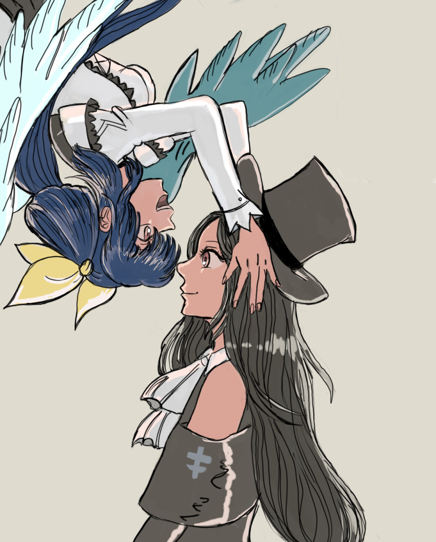 1girl 1other androgynous black_hair blue_hair couple couple_in_love dizzy_(guilty_gear) dizzyment dress immortalbeloved, otp red_eyes romance tesdizzy testament_(guilty_gear) wings,