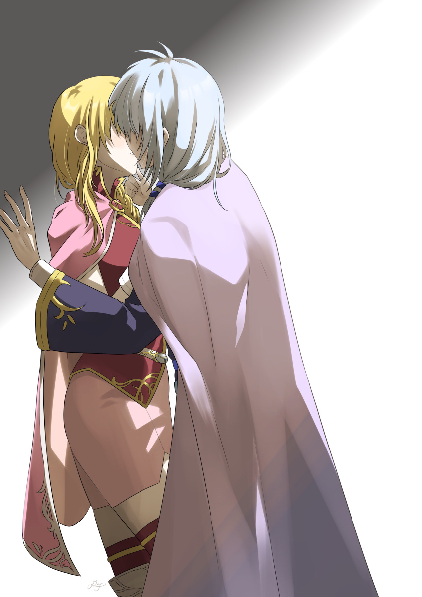 1boy 1girl absurdres blonde_hair braid cape commentary_request couple fire_emblem fire_emblem:_the_blazing_blade grey_background grey_hair hand_on_another's_chin hetero highres kiss kiss_day long_hair louise_(fire_emblem) midori_no_baku pent_(fire_emblem) purple_cape simple_background standing wide_sleeves