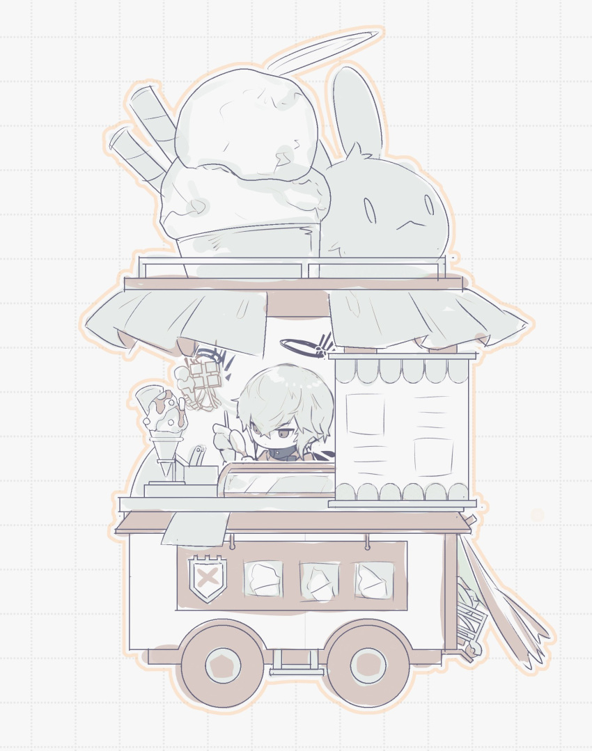 1boy arknights chibi commentary_request cooking executor_(arknights) food frown grey_hair grid_background halo highres ice_cream limited_palette looking_to_the_side male_focus outline parfait red_eyes short_hair simple_background sketch solo spoon vending_cart wasadnt white_background