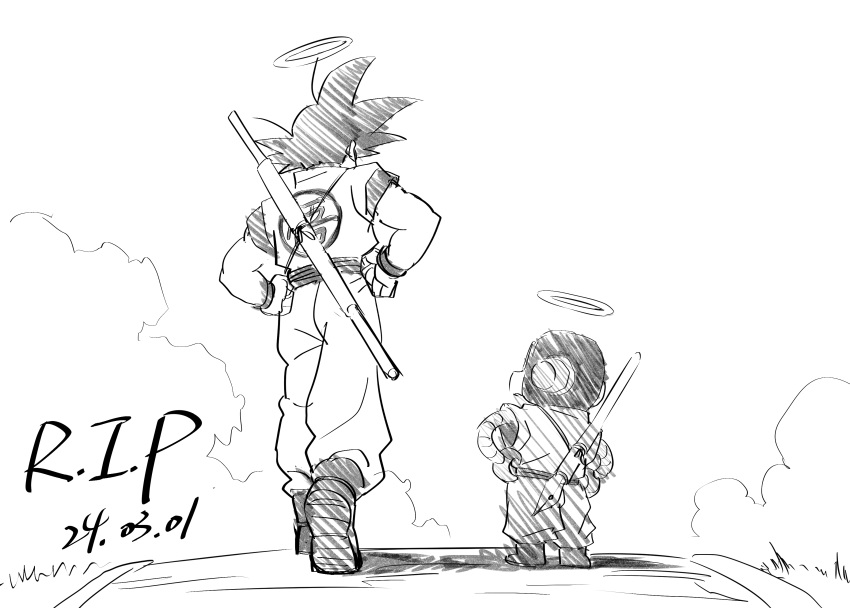 2boys absurdres black_hair boots clear_sky clenched_hands clothes_writing clouds dated dougi dragon_ball dragon_ball_z facing_away from_behind grass greyscale halo hands_on_own_hips height_difference highres horizon kozue2080 male_focus monochrome multiple_boys nib_pen_(object) outdoors pants path pen rest_in_peace_(phrase) robot ruyi_jingu_bang shadow sheath sheathed side-by-side sky son_goku spiky_hair standing toned toned_male toriyama_akira_(character) undershirt walking weapon wide_shot wristband