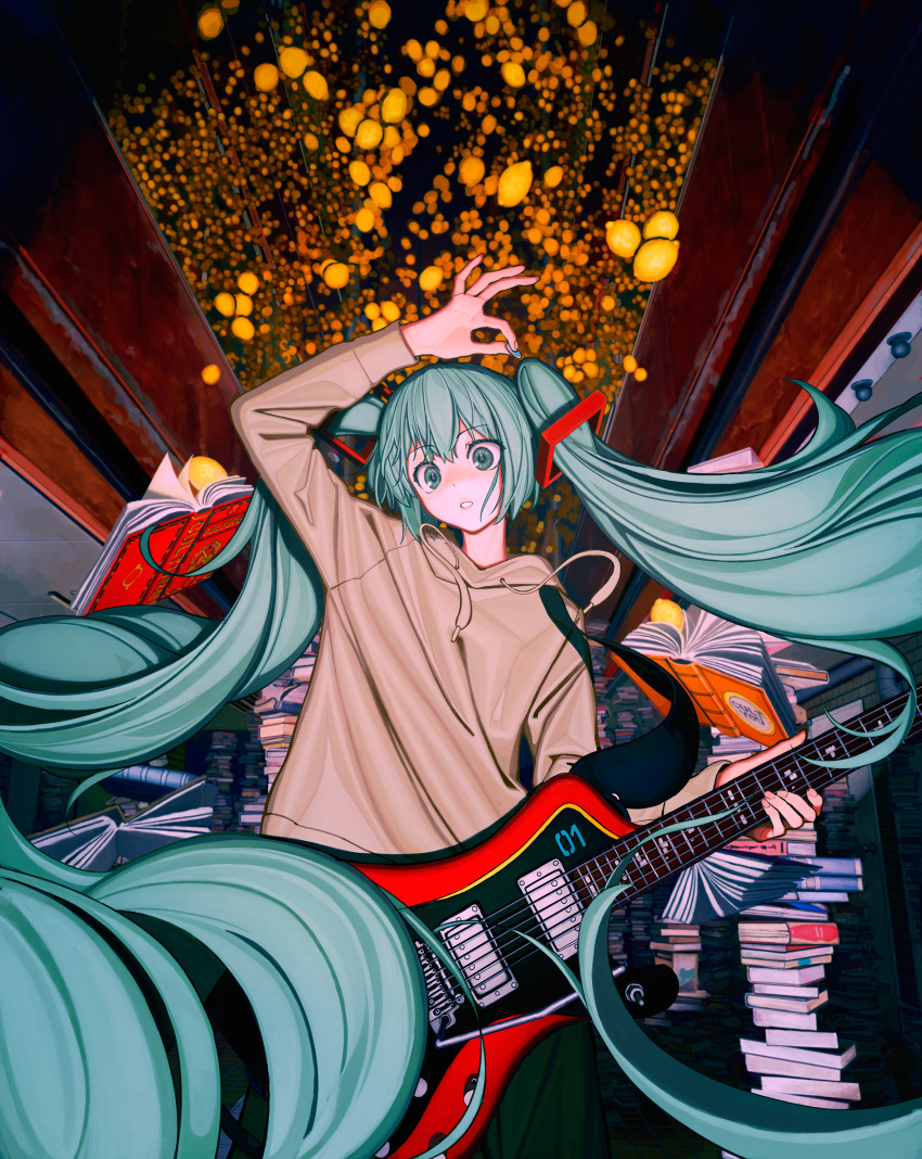 1girl absurdres arm_up blue_eyes blue_hair book book_stack commentary_request electric_guitar food fruit guitar hatsune_miku highres holding holding_guitar holding_instrument holding_plectrum hood hoodie instrument lemon long_hair long_sleeves looking_at_viewer miku_day open_mouth plectrum solo turu twintails very_long_hair vocaloid