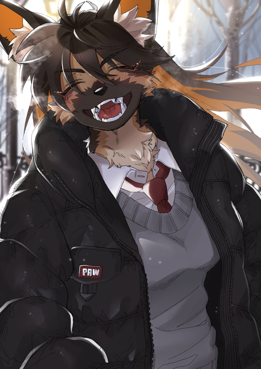1girl ^_^ animal_ear_fluff animal_ears animal_nose black_jacket blurry blurry_background body_fur breath brown_fur brown_hair closed_eyes collared_shirt colored_inner_hair commentary_request day dog_ears dog_girl facing_viewer fangs furry furry_female grey_vest hair_between_eyes hands_in_pockets highres jacket long_hair multicolored_hair necktie open_clothes open_jacket open_mouth orange_hair original outdoors rata_(norahasu) red_necktie shirt smile solo tree two-tone_hair upper_body vest white_shirt winter