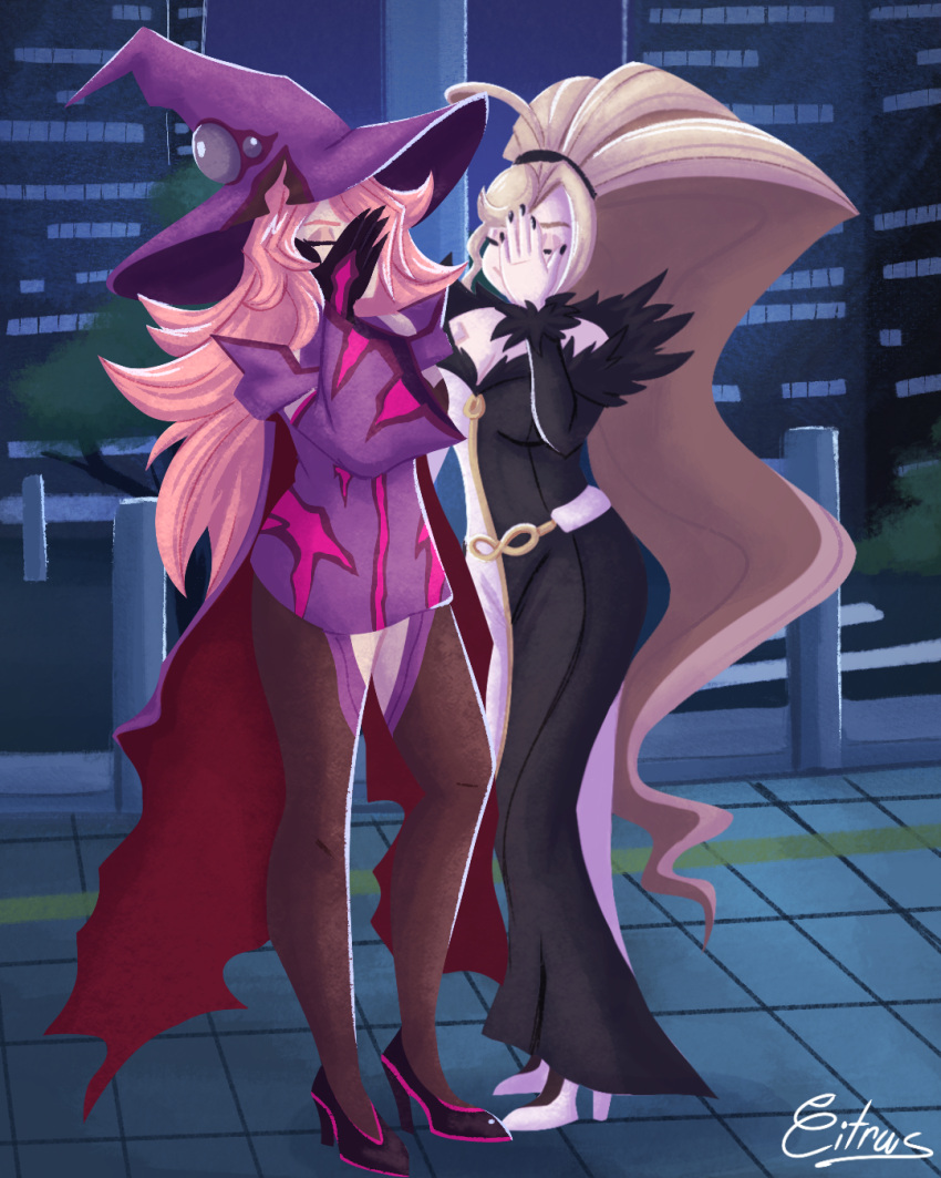 2girls absurdly_long_hair bare_shoulders black_footwear black_nails blazblue blazblue:_cross_tag_battle breasts building closed_eyes commission covered_face crossover dress fur_trim hair_over_one_eye hand_over_face hat high_heels high_ponytail highres hilda_(under_night_in-birth) konoe_a._mercury long_hair long_sleeves multicolored_clothes multicolored_dress multiple_girls nail_polish off-shoulder_dress off_shoulder ponytail purple_dress signature skyscraper sleeveless sleeveless_dress swept_bangs thigh-highs under_night_in-birth urban very_long_hair vitriccitrus white_footwear witch witch_hat