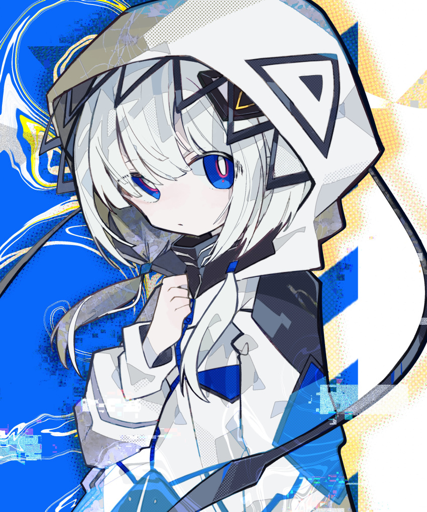 1girl abstract_background absurdres arm_at_side black_jacket blue_background blue_eyes blue_jacket bright_pupils cevio closed_mouth commentary cowboy_shot diamond_hair_ornament expressionless grey_hair halftone hand_up high_collar highres hood hood_up hooded_jacket jacket kafu_(cevio) kamitsubaki_studio long_hair long_sleeves looking_at_viewer low_twintails multicolored_eyes pink_eyes solo soresaki twintails white_jacket white_pupils zipper