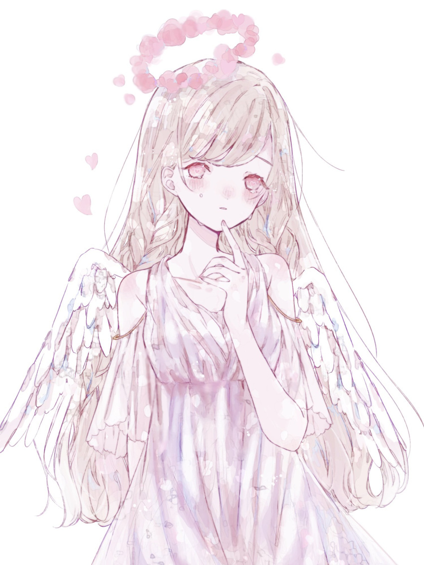 1girl angel angel_wings bare_shoulders blonde_hair blush braid breasts closed_mouth clothing_cutout collarbone dress feathered_wings flower halo hand_up heart highres kotono_n0 long_hair looking_at_viewer original pink_eyes pink_flower shoulder_cutout simple_background solo tears twin_braids very_long_hair white_background white_dress white_wings wings