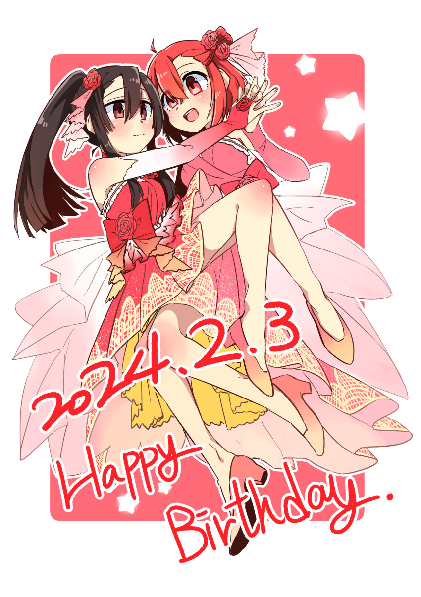 2024 2girls :d absurdres ahoge bare_shoulders black_hair blush bridal_gauntlets brown_eyes carrying closed_mouth dated dress elbow_gloves english_text flower full_body gloves hair_between_eyes hair_flower hair_ornament happy_birthday high_heels highres holding_hands koori_chikage long_hair looking_at_another multiple_girls nogi_wakaba_wa_yuusha_de_aru open_mouth outline pink_dress pink_footwear pink_gloves princess_carry red_dress red_eyes red_flower red_footwear red_rose redhead rose shinshi_yuusha_x_ko short_hair side_ponytail sleeveless sleeveless_dress smile star_(symbol) strapless strapless_dress takashima_yuuna very_long_hair white_outline yuri yuusha_de_aru