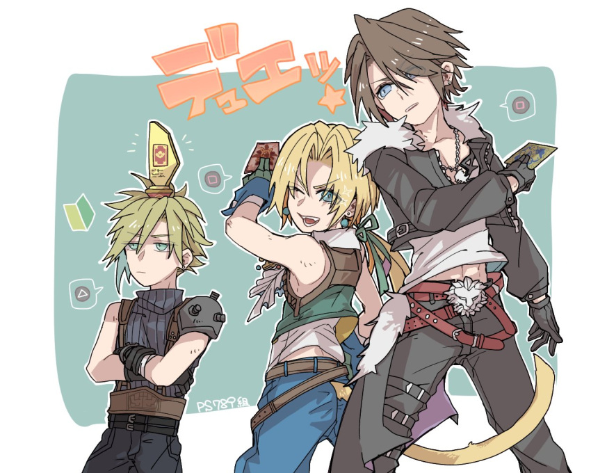 3boys armor bare_shoulders belt black_gloves black_jacket black_pants blonde_hair blue_eyes blue_gloves blue_pants brown_hair card cloud_strife commentary_request cowboy_shot crossed_arms earrings feet_out_of_frame final_fantasy final_fantasy_ix final_fantasy_vii final_fantasy_vii_rebirth final_fantasy_vii_remake final_fantasy_viii fur-trimmed_jacket fur_trim gloves holding holding_card jacket jewelry long_sleeves low_ponytail monkey_tail multiple_belts multiple_boys one_eye_closed open_clothes open_jacket open_mouth oshibainoticket pants parted_bangs parted_lips ribbed_sweater shirt short_hair shoulder_armor sleeveless sleeveless_turtleneck speech_bubble spiky_hair squall_leonhart sweater tail turtleneck turtleneck_sweater vest white_shirt zidane_tribal