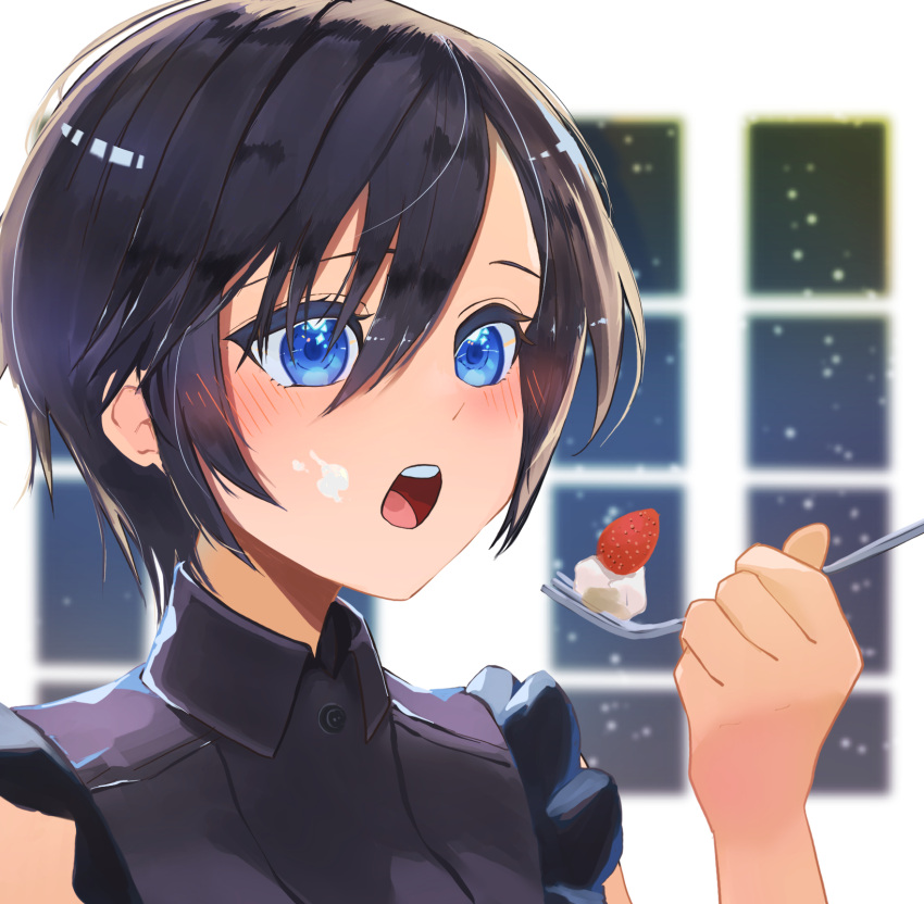 1girl asymmetrical_hair black_hair black_shirt blue_eyes blush buttons cake collared_shirt commentary eating food food_on_face fork frilled_shirt frills fruit highres holding holding_fork kawame626 kingdom_hearts open_mouth shirt sleeveless solo strawberry symbol-only_commentary teeth upper_teeth_only window xion_(kingdom_hearts)