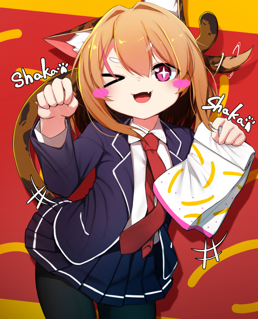 1girl :3 :d animal_ear_fluff animal_ears bag black_pantyhose black_skirt blazer blue_jacket blush blush_stickers breasts cat_ears cat_tail collared_shirt commentary curled_fingers dai_yasude dancing dress_shirt fang food french_fries hair_intakes highres hikimayu holding holding_bag jacket light_brown_hair mcdonald's medium_hair motion_lines necktie one_eye_closed open_mouth orange_background original pantyhose paper_bag paw_pose paw_print pink_eyes pleated_skirt red_background red_necktie school_uniform shakacat shaking shirt short_eyebrows skirt small_breasts smile sparkling_eyes spotted_fur tail thick_eyebrows translated w_arms white_shirt