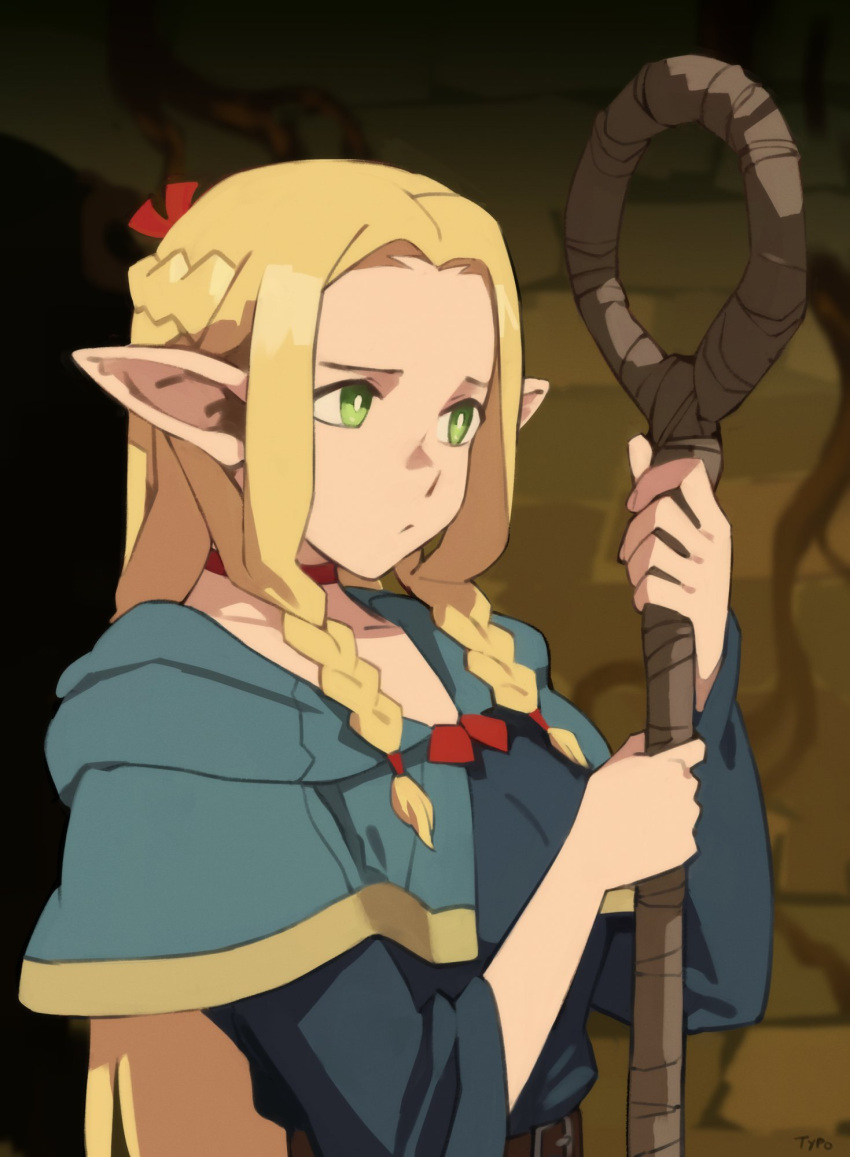 1girl blonde_hair braid capelet dungeon_meshi elf green_eyes highres holding holding_staff long_hair marcille_donato optionaltypo pointy_ears solo staff twin_braids