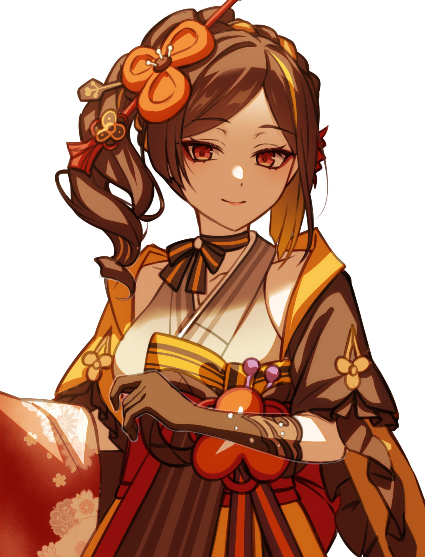 1girl black_gloves brown_hair chiori_(genshin_impact) choker commentary_request eyeshadow genshin_impact gloves grey_kimono highres japanese_clothes kimono looking_at_viewer makeup orange_eyes partial_commentary pochimaru_(marumaru_wanwan) short_sleeves side_ponytail simple_background smile solo upper_body white_background