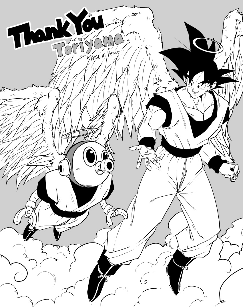 2boys absurdres angel angel_wings ankle_boots boots clouds collarbone cosplay dougi dragon_ball english_text feathered_wings flying full_body greyscale halo highres horang4628 joints looking_at_another male_focus mechanical_arms monochrome multiple_boys rest_in_peace_(phrase) robot robot_joints sash smile son_goku son_goku_(cosplay) spiky_hair toriyama_akira_(character) wings wristband