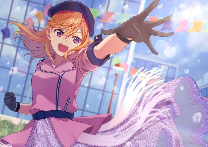 1girl beret black_gloves clenched_hand commentary_request floating_hair gloves hair_between_eyes hat highres jacket looking_at_viewer love_live! love_live!_superstar!! macken medium_hair open_mouth orange_hair outdoors purple_headwear purple_jacket reaching reaching_towards_viewer shibuya_kanon sidelocks solo standing swept_bangs teeth upper_body upper_teeth_only violet_eyes we_will!!_(love_live!) wristband
