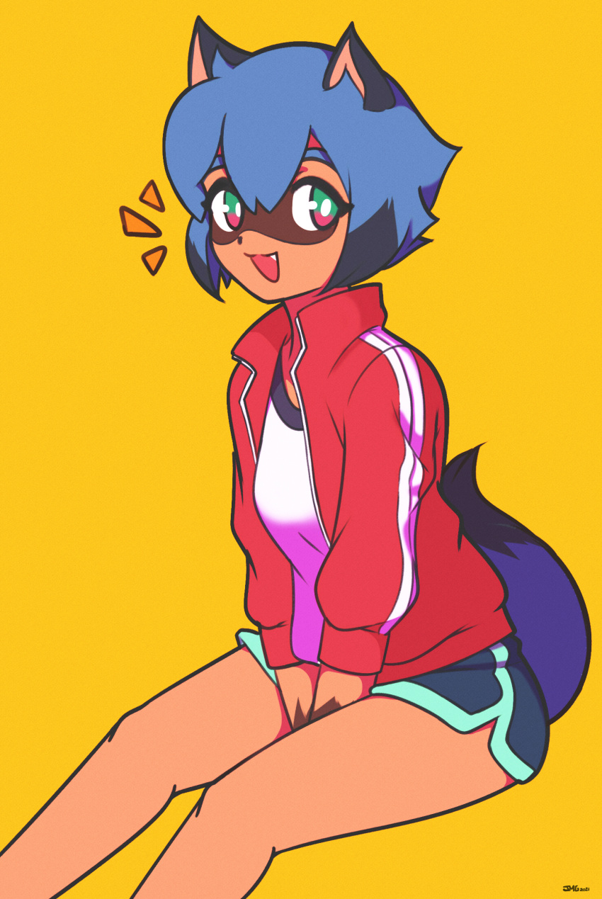 1girl 2021 :3 animal_ears between_legs black_hair black_undershirt blue_hair blue_shorts brand_new_animal breasts double_vertical_stripe fang feet_out_of_frame furry furry_female green_eyes gym_shorts hair_between_eyes hand_between_legs highres invisible_chair jacket jeff_miga kagemori_michiru medium_breasts multicolored_eyes multicolored_hair open_clothes open_jacket open_mouth raccoon_ears raccoon_girl raccoon_tail red_eyes red_jacket shirt short_hair shorts signature simple_background sitting sleeves_past_elbows smile solo tail track_jacket two-tone_hair white_shirt yellow_background