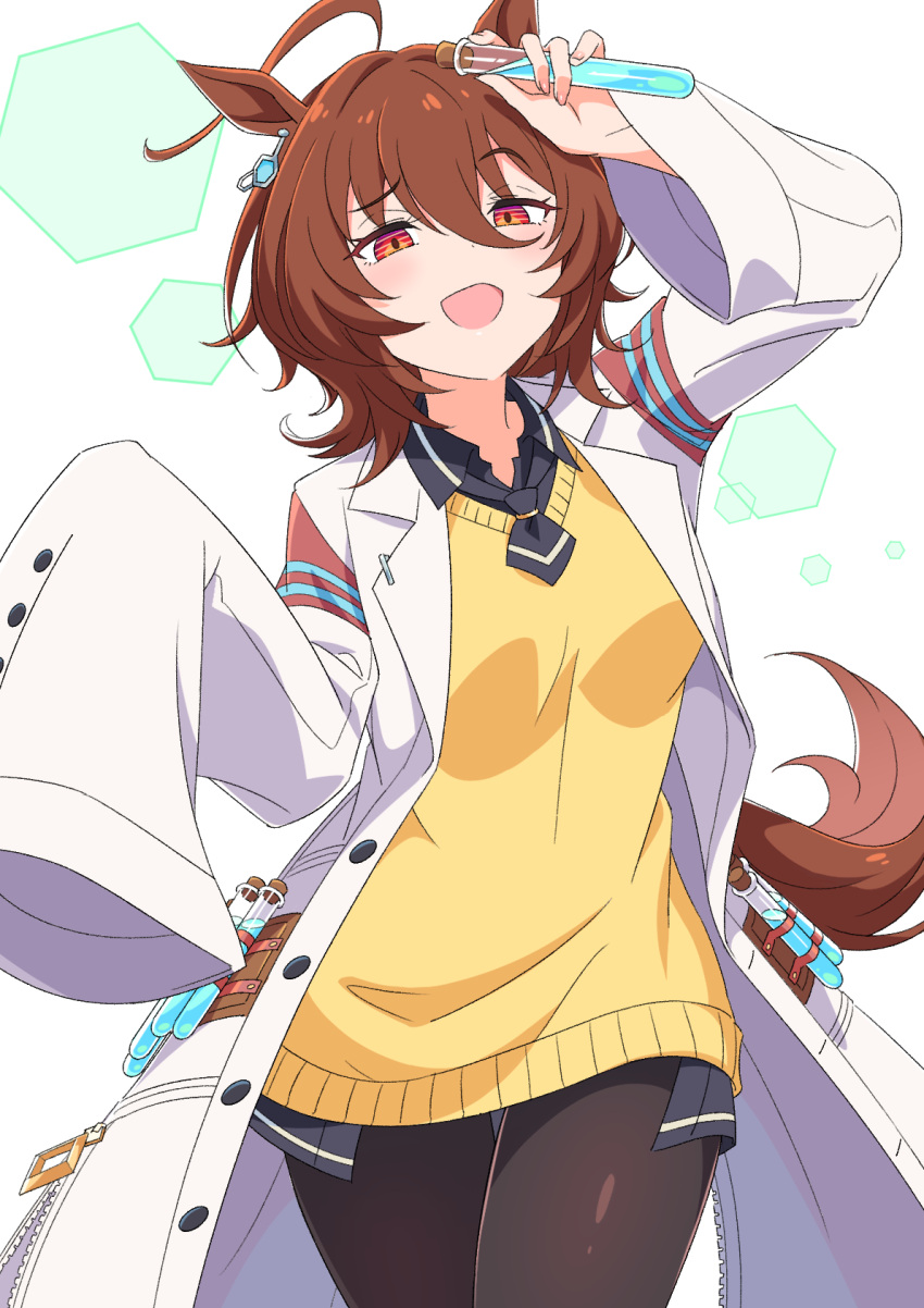 1girl agnes_tachyon_(umamusume) ahoge animal_ears black_shirt breasts brown_hair brown_pantyhose collared_shirt commentary_request hair_between_eyes highres holding holding_test_tube horse_ears horse_girl horse_tail kamuraaa_615 lab_coat long_sleeves looking_at_viewer medium_breasts pantyhose red_eyes shirt short_hair simple_background sleeves_past_fingers sleeves_past_wrists solo sweater_vest tail test_tube thigh-highs umamusume white_background yellow_sweater_vest