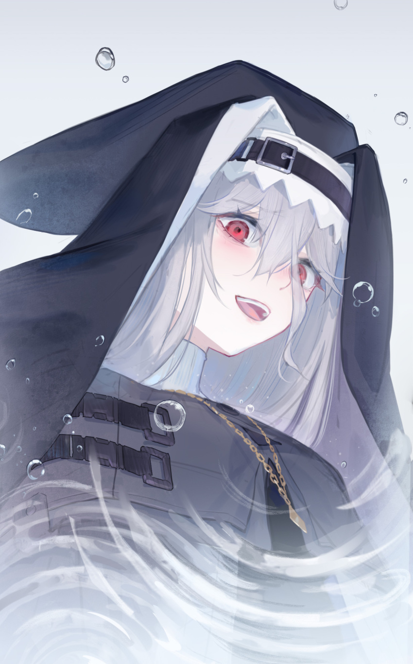 1girl air_bubble arknights ascot belt belt_buckle black_capelet black_headwear blush bubble buckle capelet coif crf grey_ascot grey_capelet grey_hair habit hair_between_eyes highres looking_at_viewer nun open_mouth red_eyes shoulder_strap simple_background specter_(arknights) underwater white_background