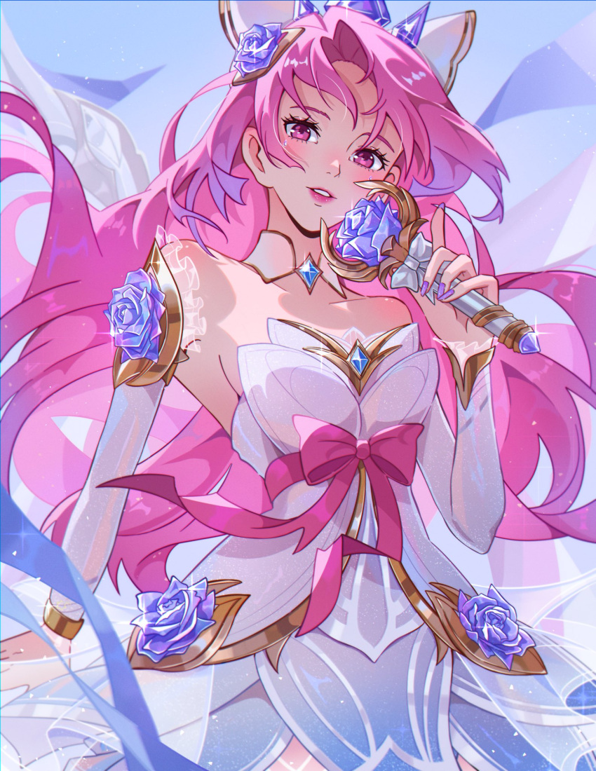 1girl bclarissart bow crystal_rose_seraphine detached_sleeves dress flower hair_flower hair_ornament highres holding holding_microphone league_of_legends long_hair looking_at_viewer microphone pink_bow pink_eyes pink_hair pink_lips ribbon solo strapless strapless_dress white_dress