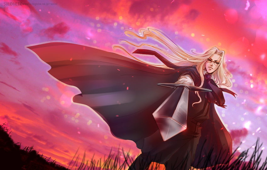 1girl androgynous ascot black_ascot black_cape blonde_hair cape cross dutch_angle foreshortening frown glasses grass hellsing highres holding holding_sword holding_weapon integra_hellsing long_hair pointing pointing_at_viewer purple_sky sky solo sword toshimichi_yukari weapon