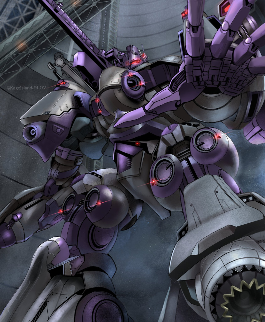 armored_core armored_core_6 glowing highres mecha mecha_focus no_humans open_faith_(armored_core_6) radio_antenna reaching reaching_towards_viewer robot shoulder_cannon twitter_username yodetarou89