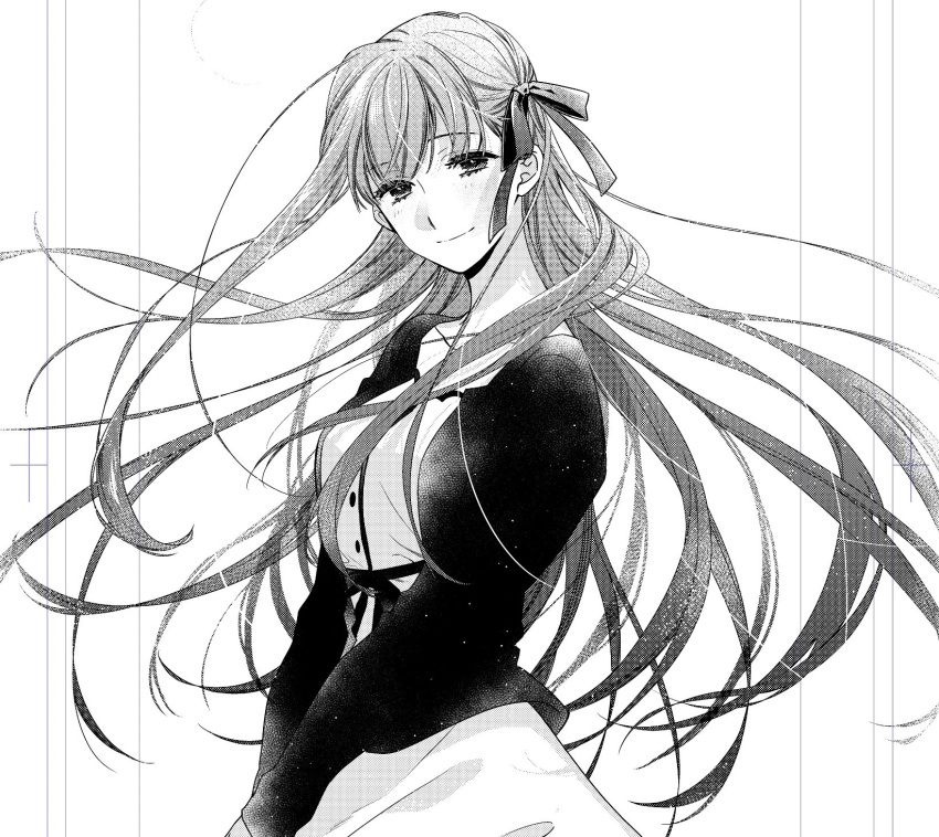 1girl blush buttons commentary cowboy_shot crossed_bangs dress fate/stay_night fate_(series) floating_hair greyscale hair_ribbon highres light_smile long_hair long_sleeves looking_at_viewer matou_sakura monochrome profile puffy_sleeves ran_(ran_0605) ribbon simple_background solo upper_body