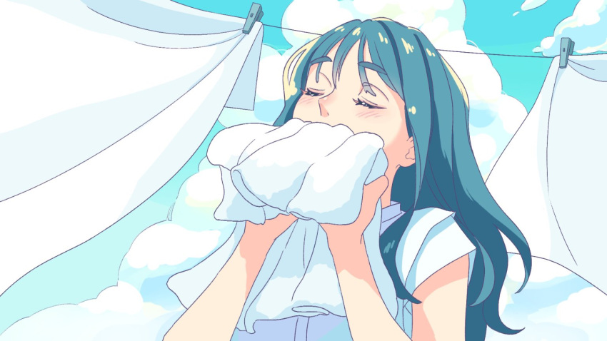 1girl blue_hair blue_sky blush closed_eyes clothesline clouds cloudy_sky day green_sky hands_up holding laundry long_hair original outdoors shirt short_sleeves sky smelling smelling_clothes solo tamiura_0422 upper_body white_shirt