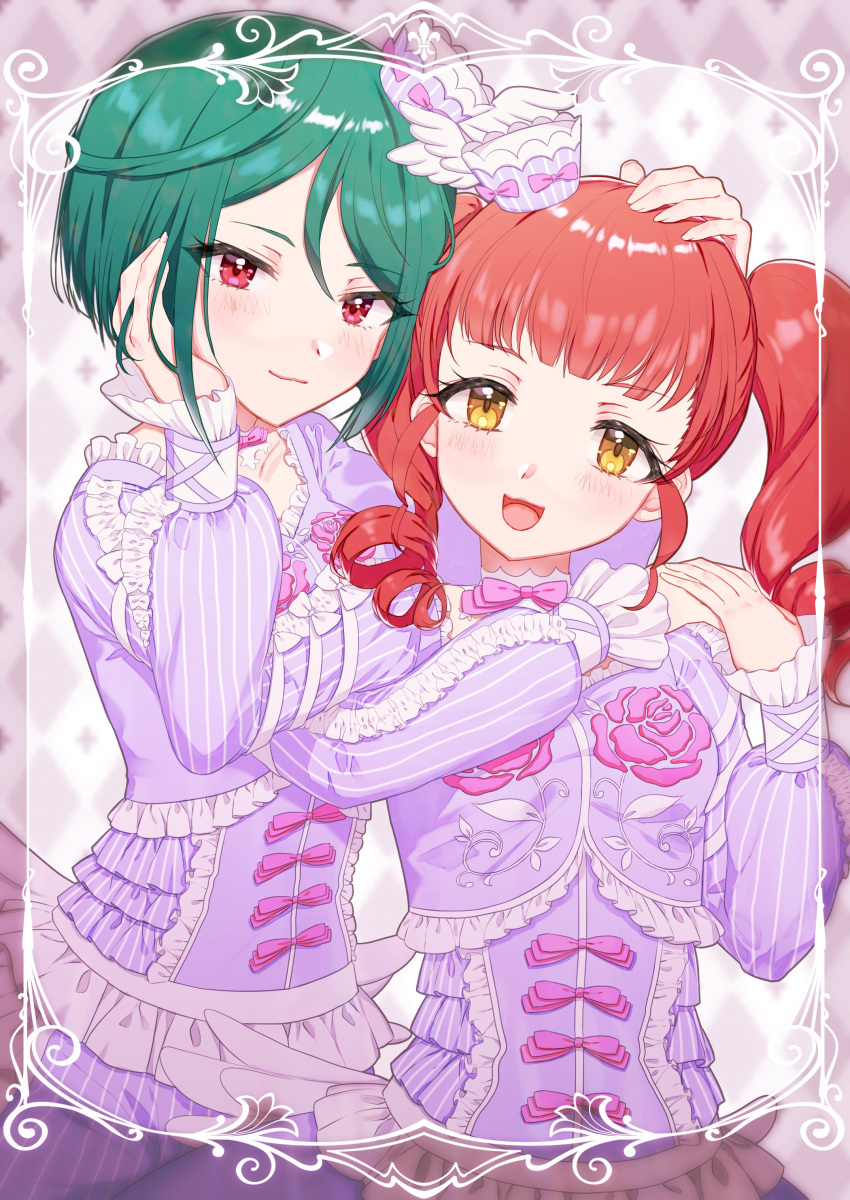 2girls absurdres akagi_anna blunt_bangs closed_mouth floral_print flower frilled_shirt frills green_hair hand_on_another's_cheek hand_on_another's_face hand_on_another's_hand hand_on_another's_head hand_on_another's_shoulder hands_up highres hourai_ninjin idol_clothes kiratto_pri_chan long_hair long_sleeves looking_at_viewer midorikawa_sara mini_person minigirl multiple_girls open_mouth pink_eyes pink_flower pink_ribbon pink_rose pretty_series puffy_long_sleeves puffy_sleeves purple_shirt redhead ribbon rose shirt short_hair smile twintails upper_body yellow_eyes