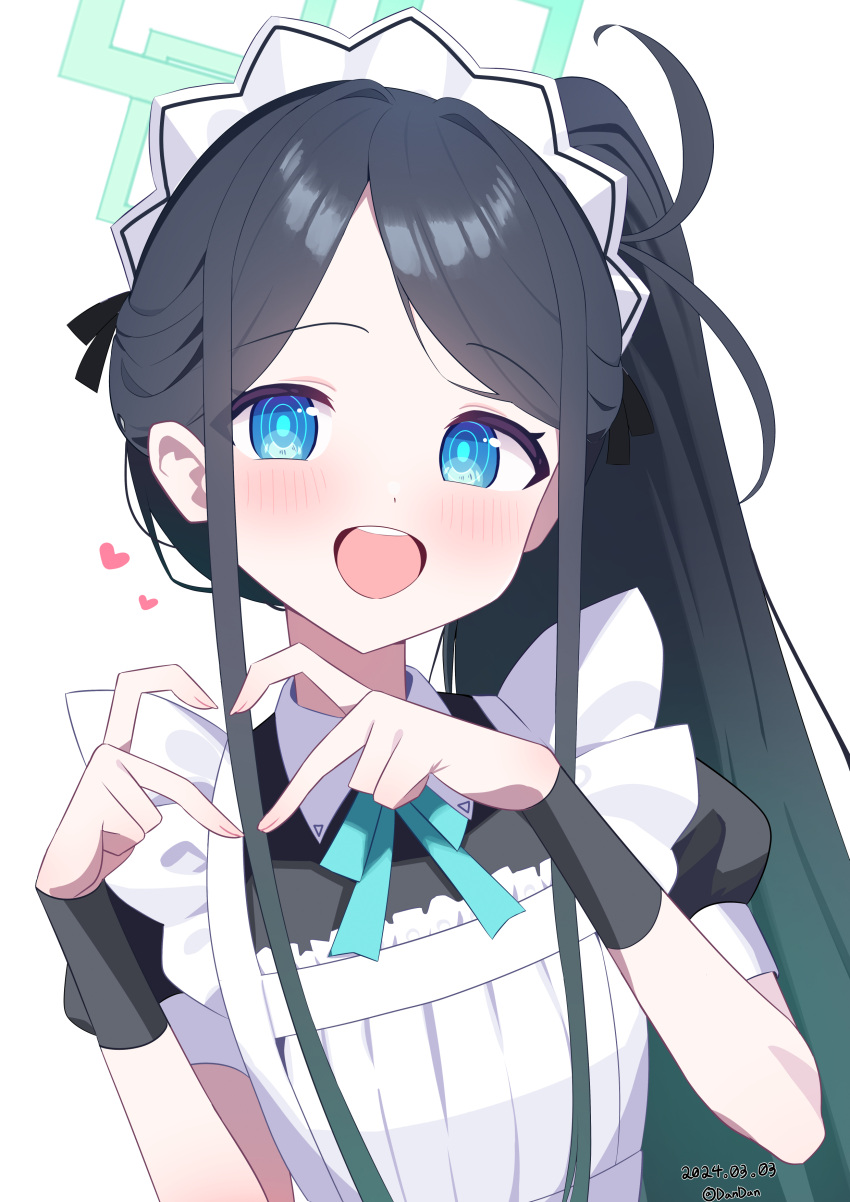 1girl absurdly_long_hair absurdres aris_(blue_archive) aris_(maid)_(blue_archive) black_dress black_hair blue_archive blue_eyes blush dandan_(uaee4742) dated dress fingernails green_halo halo heart highres long_hair looking_at_viewer maid maid_headdress official_alternate_costume official_alternate_hairstyle open_mouth puffy_short_sleeves puffy_sleeves ringed_eyes short_sleeves simple_background smile solo teeth twitter_username upper_body upper_teeth_only very_long_hair white_background