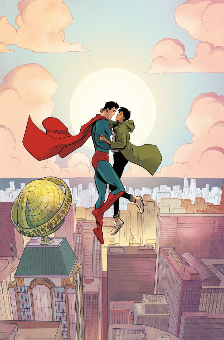 1boy 1girl 2024 artist_name black_hair black_pants blue_sky bodysuit building cape cityscape clark_kent clouds cover cover_page dc_comics eye_contact floating gavin_guidry hand_on_another's_hip highres hood hood_down hooded_jacket jacket lois_lane looking_at_another my_adventures_with_superman official_art pants short_hair sky smile sun superhero_costume superman superman_(series)