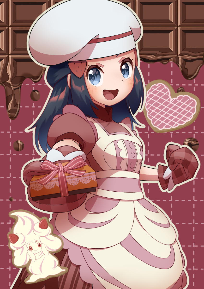 1girl :d absurdres alcremie alcremie_(strawberry_sweet) apron black_hair box buttons chef_hat clenched_hand commentary_request dawn_(palentine's_2021)_(pokemon) dress eyelashes gift gift_box grey_eyes hair_ornament hairclip happy hat highres hikari_(pokemon) long_hair looking_at_viewer official_alternate_costume open_mouth oven_mitts pokemon pokemon_masters_ex red_dress refisa ribbon short_sleeves sidelocks smile tongue white_headwear