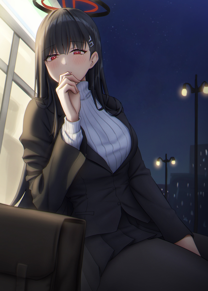 1girl absurdres black_bag black_hair black_jacket black_pantyhose black_skirt blue_archive blush breasts gileu hair_ornament halo highres jacket large_breasts long_hair long_sleeves looking_at_viewer night outdoors pantyhose pleated_skirt red_eyes rio_(blue_archive) skirt solo sweater thighs turtleneck turtleneck_sweater white_sweater