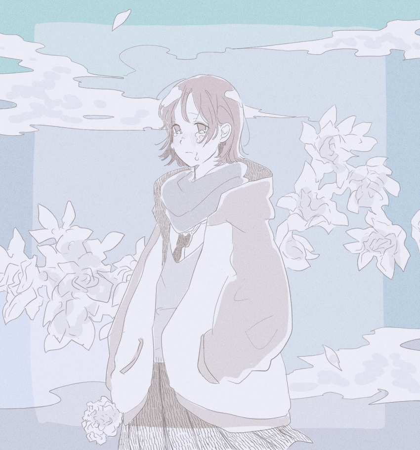 1girl bouquet brown_eyes brown_hair brown_jacket closed_mouth clouds cowboy_shot crying crying_with_eyes_open falling_petals flower grey_scarf hands_in_pockets highres holding holding_bouquet hood jacket leaf light_frown long_sleeves monochrome multicolored_clothes multicolored_jacket nagata_(hino_daibutsu) necktie original petals pleated_skirt scarf shirt short_hair skirt solo standing tears two-tone_jacket white_flower white_jacket