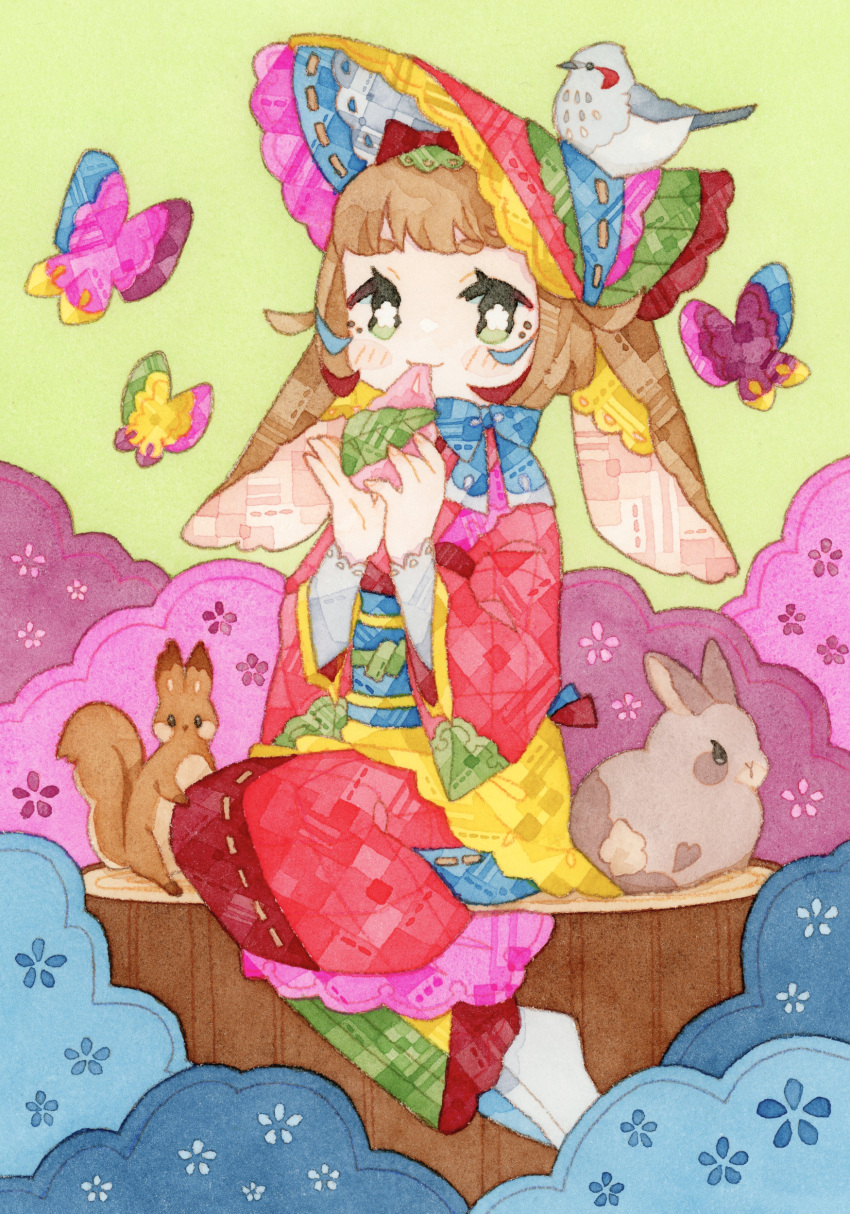 1girl absurdres animal_ears bird bonnet brown_hair bug butterfly clouds commentary_request eating floppy_ears food full_body highres holding holding_food japanese_clothes kimono long_sleeves looking_at_viewer lupin_strawberry obi original painting_(medium) rabbit rabbit_ears red_kimono sash sitting solo squirrel traditional_media tree_stump watercolor_(medium)