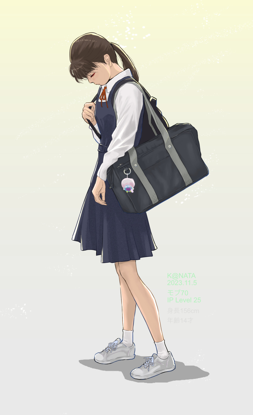 1girl absurdres bag bag_charm brown_hair charm_(object) closed_eyes dated dress full_body gradient_background highres long_sleeves looking_down measurements original pinafore_dress ponytail school_bag school_uniform shoes sleeveless sleeveless_dress sneakers socks solo white_footwear white_socks y.kami_nao/take